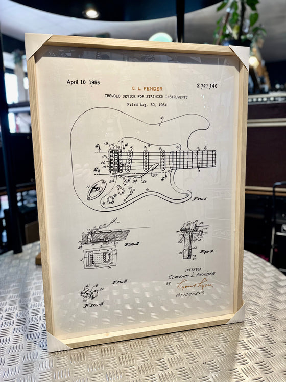 Framed Guitar Patent | 594 x 841 | C.L.Fender Tremolo Device | Timber Coloured Frame
