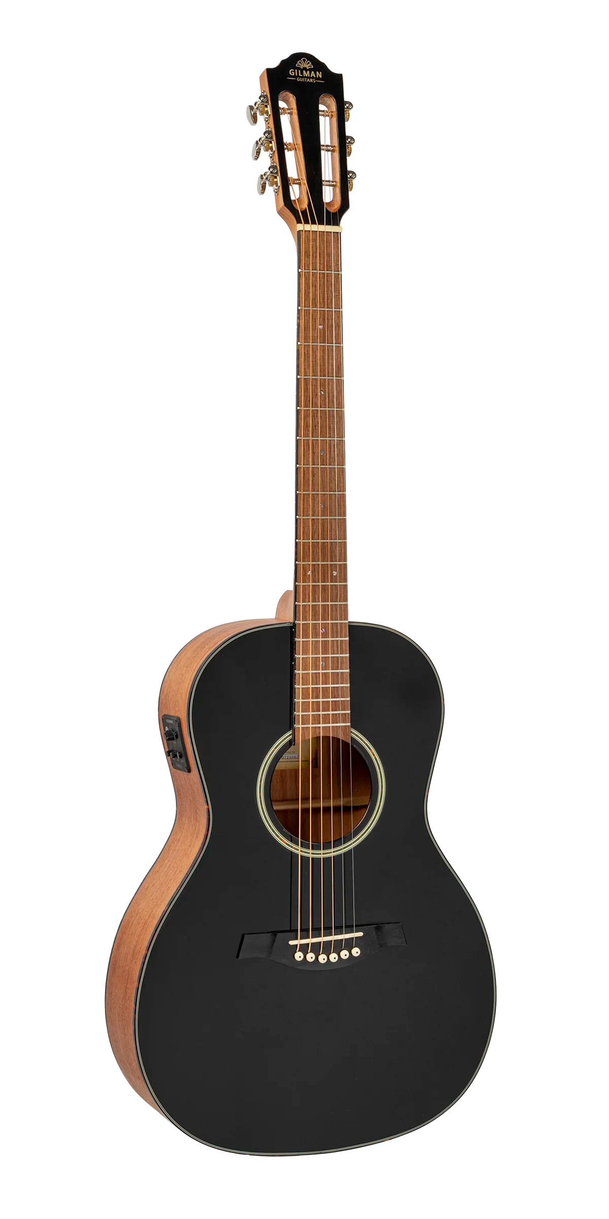 Gilman Guitars | GPA10EBT | 00 Parlour Electric/Acoustic Guitar. Black gloss top.