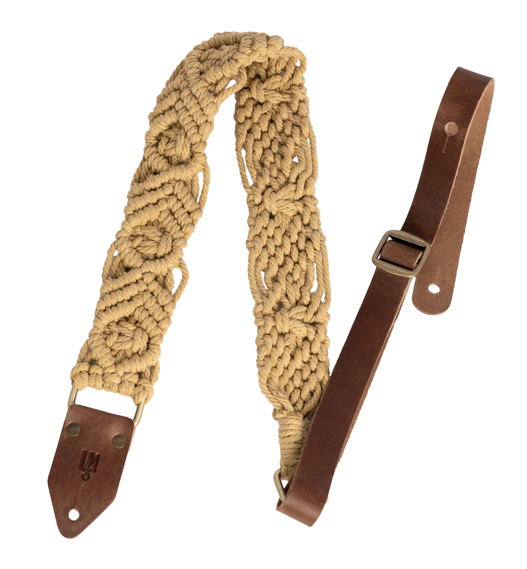LM | LMX395 | 2 inch Hand woven cotton macramé guitar strap. Beige