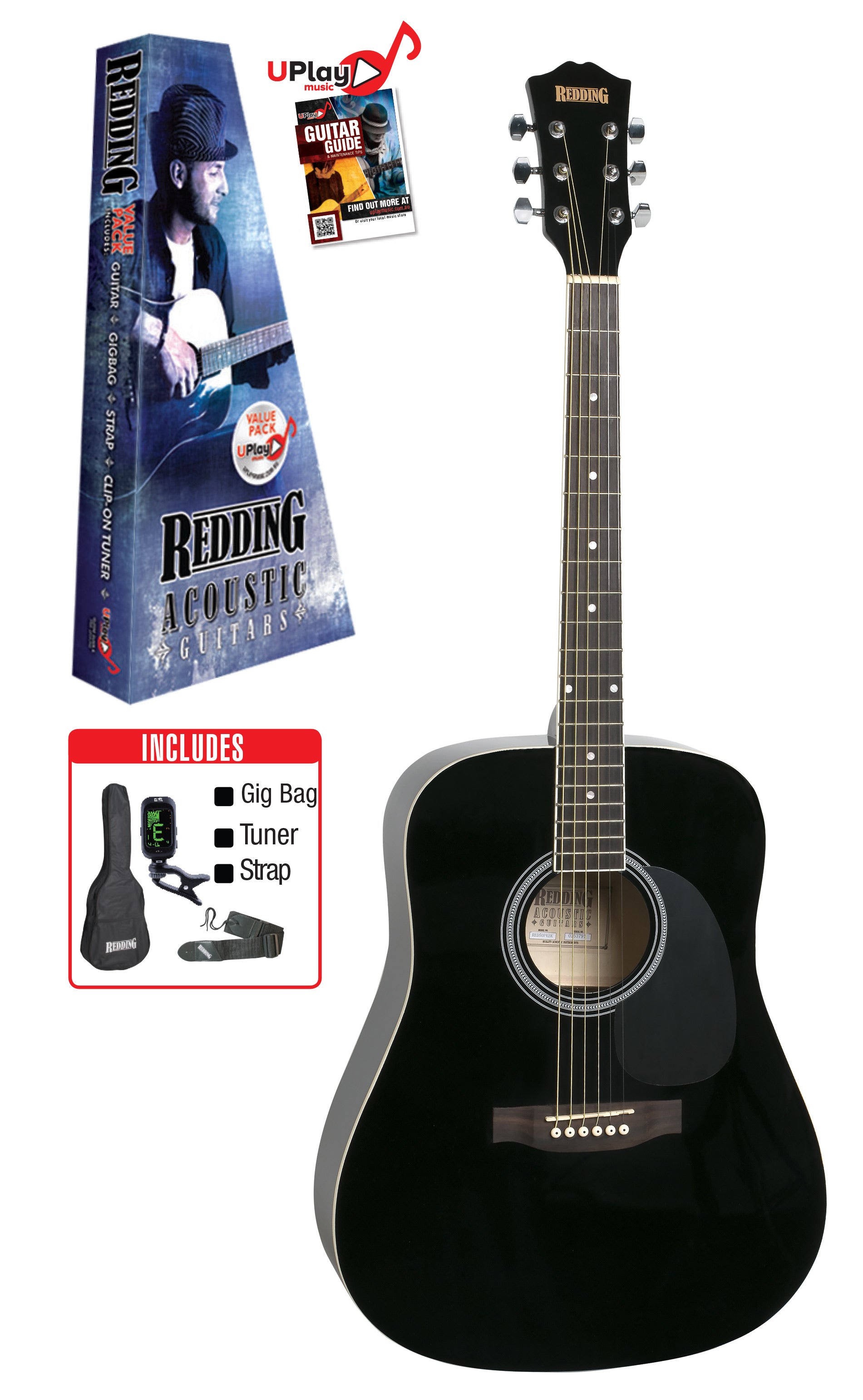 Redding | RED50PKBK | Dreadnought Guitar Package | Black