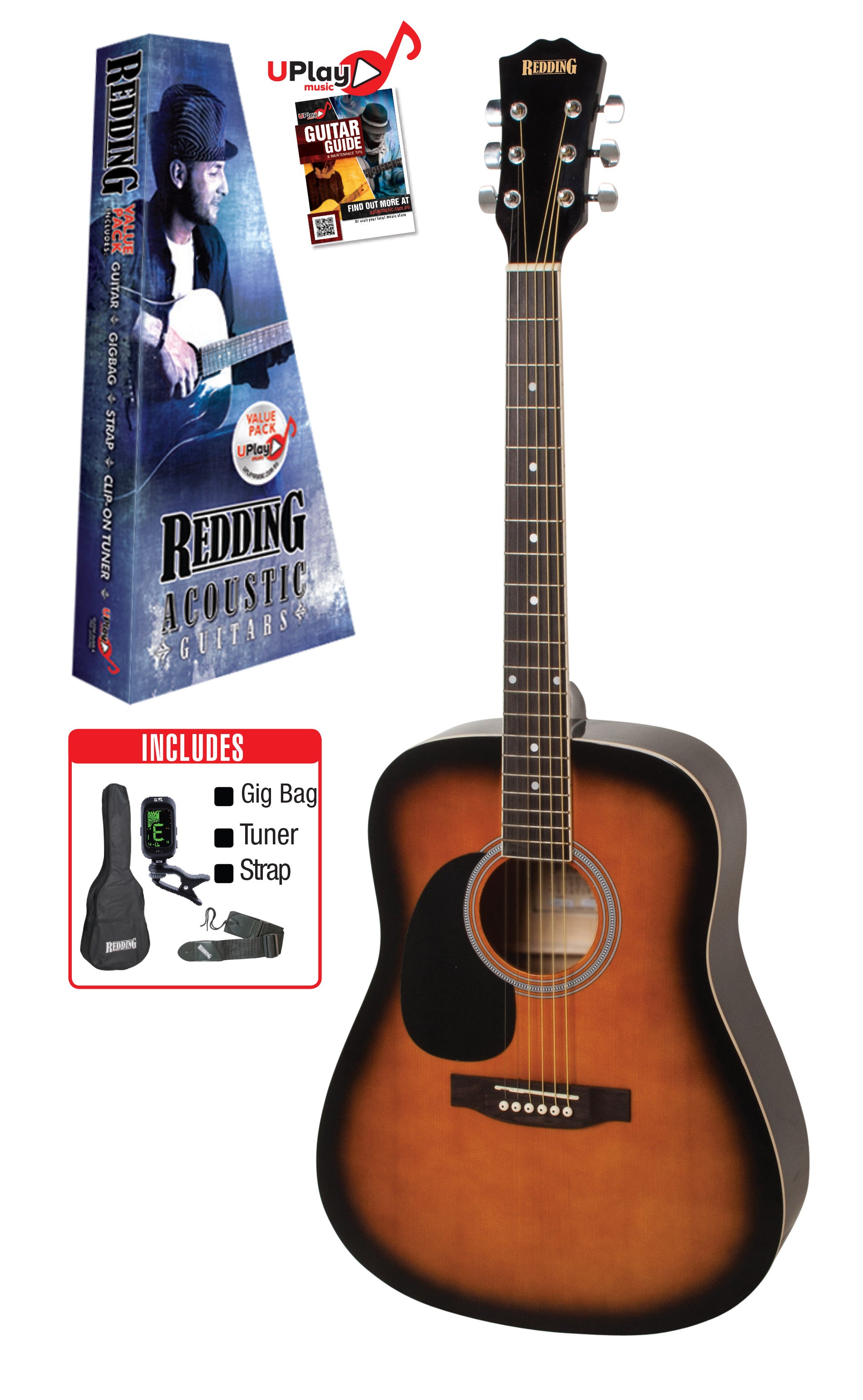 Redding | RED50PKLHTS | Left Hand Dreadnought Guitar Package | Tobacco Sunburst