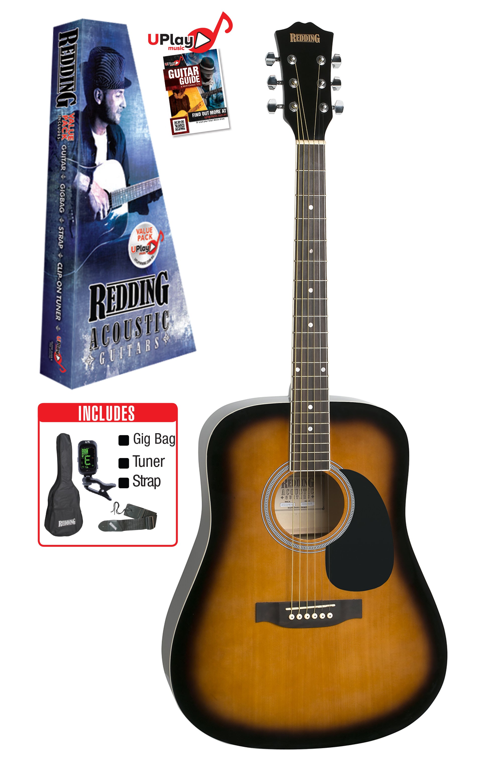 Redding | RED50PKTS | Dreadnought Guitar Package | Tobacco Sunburst