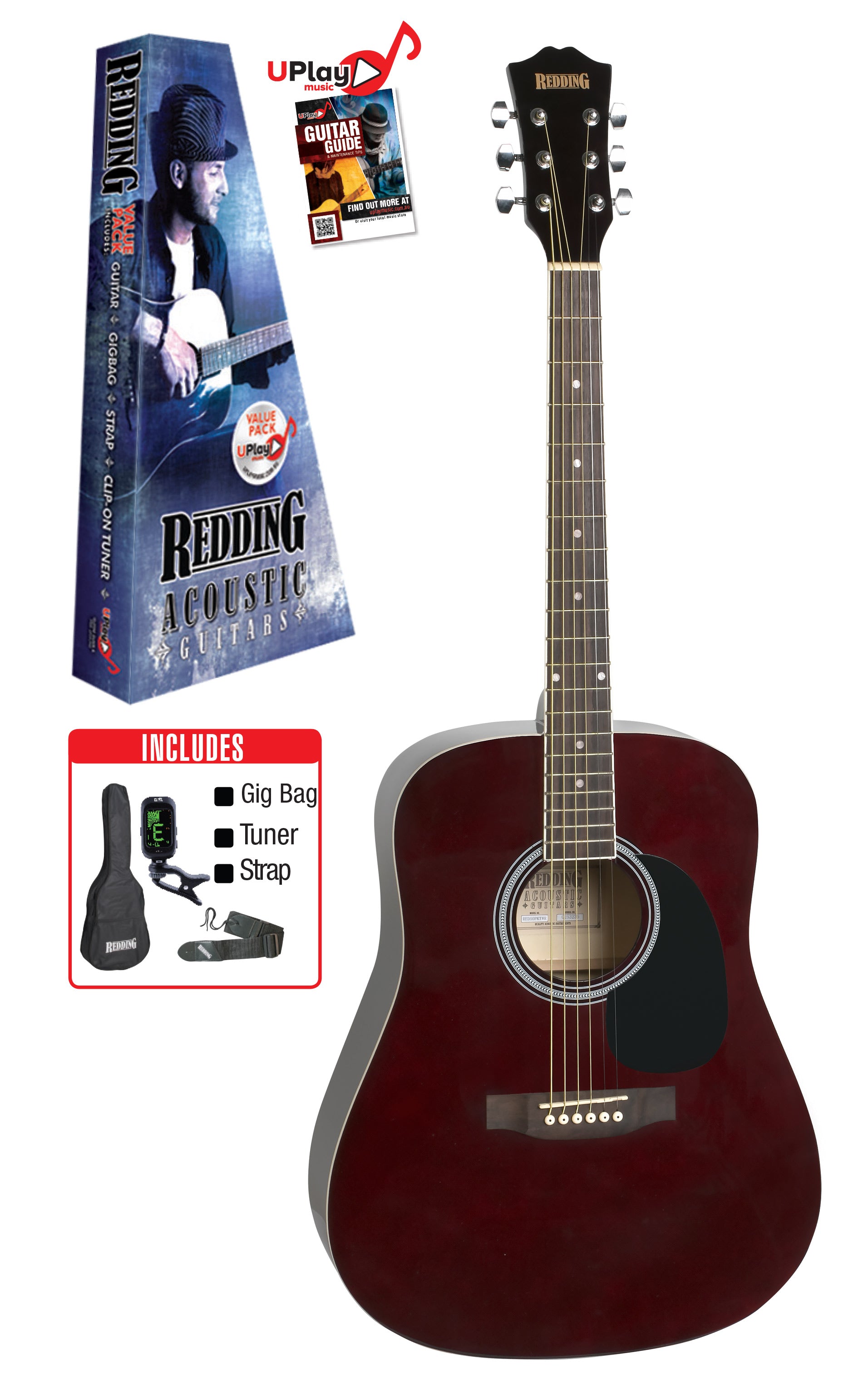 Redding | RED50PKTWR | Dreadnought Guitar Package | Transparent Red