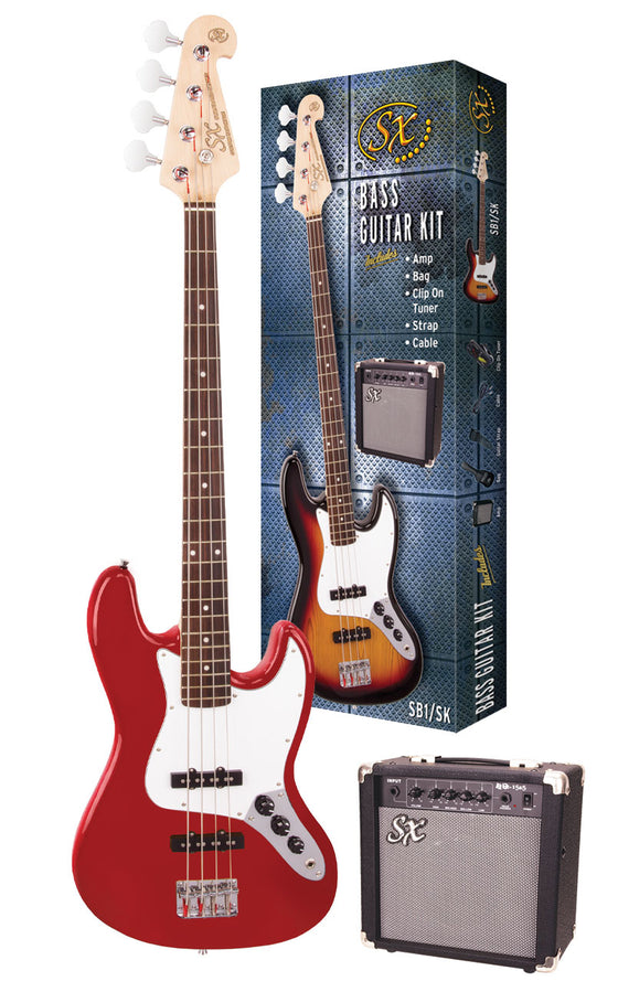 SX | SB1SKCAR | Bass Guitar & Amplifier Package | Candy Apple Red
