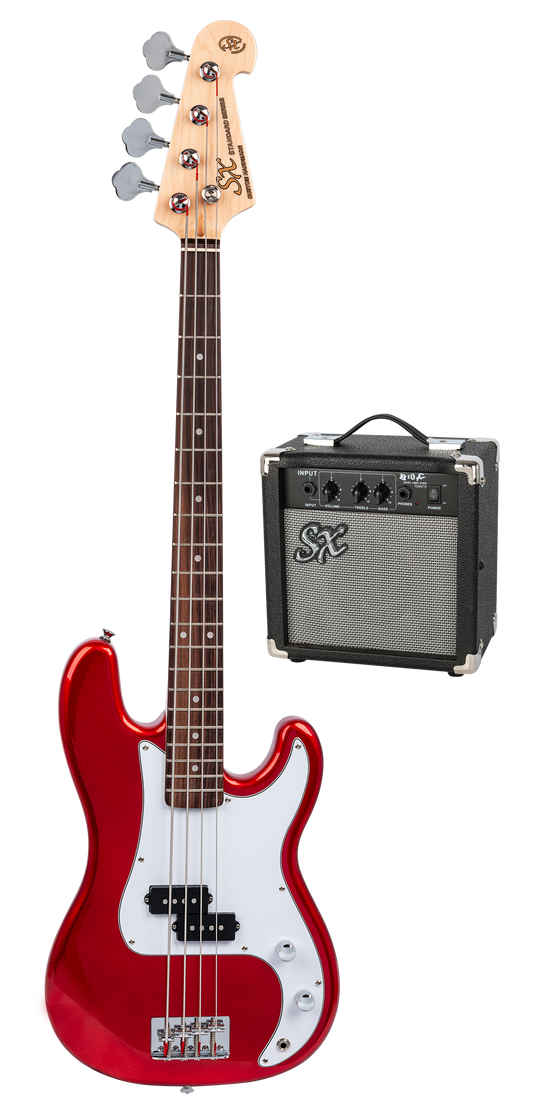SX | SB2SK34CAR | 3/4 size Bass Guitar & Amp Package | Candy Apple Red