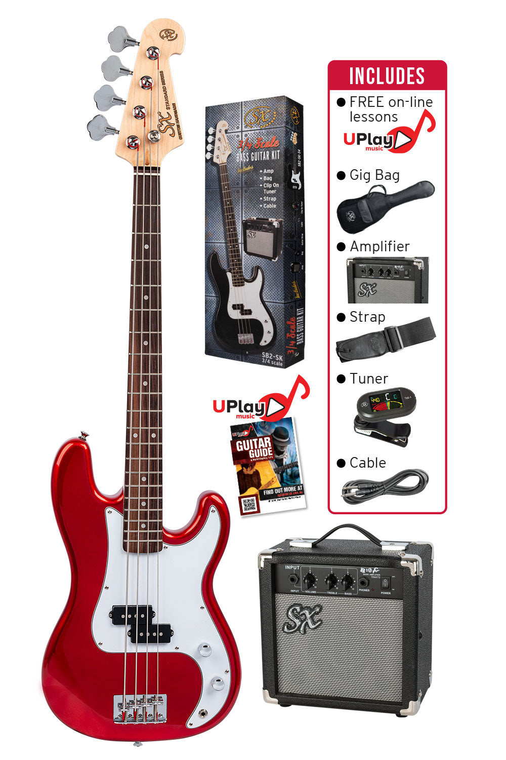 SX | SB2SK34CAR | 3/4 size Bass Guitar & Amp Package | Candy Apple Red