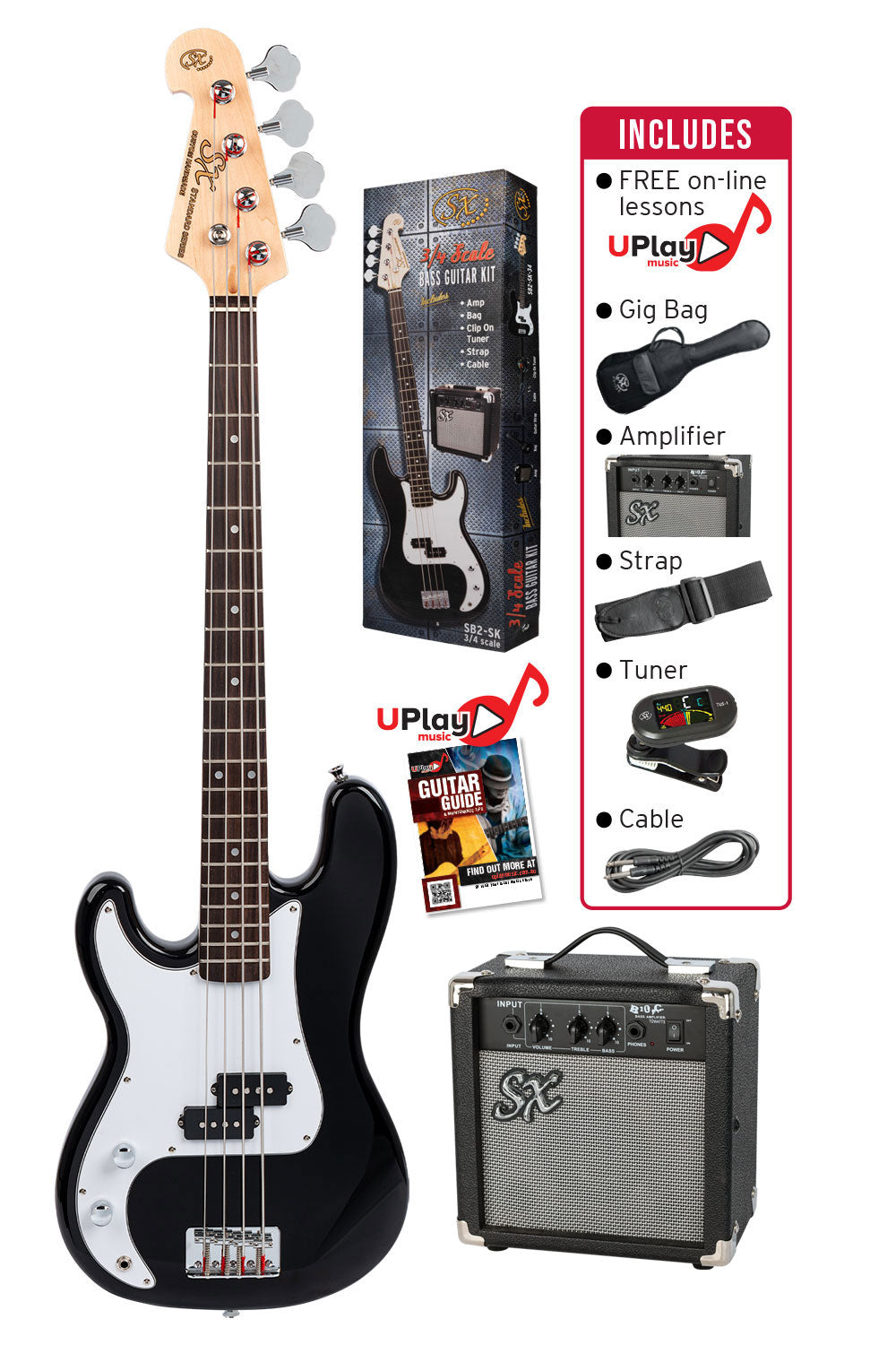 SX | SB2SK34LHB | 3/4 size Left hand Bass Guitar & Amp Package. | Black