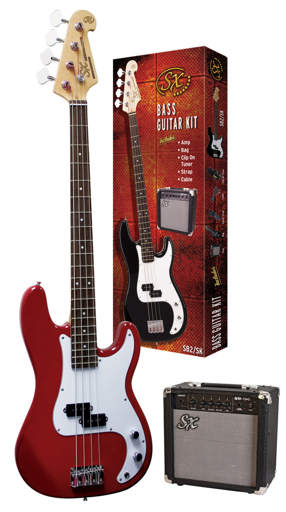 SX | SB2SKCAR | Bass Guitar & Amplifier Package | Candy Apple Red
