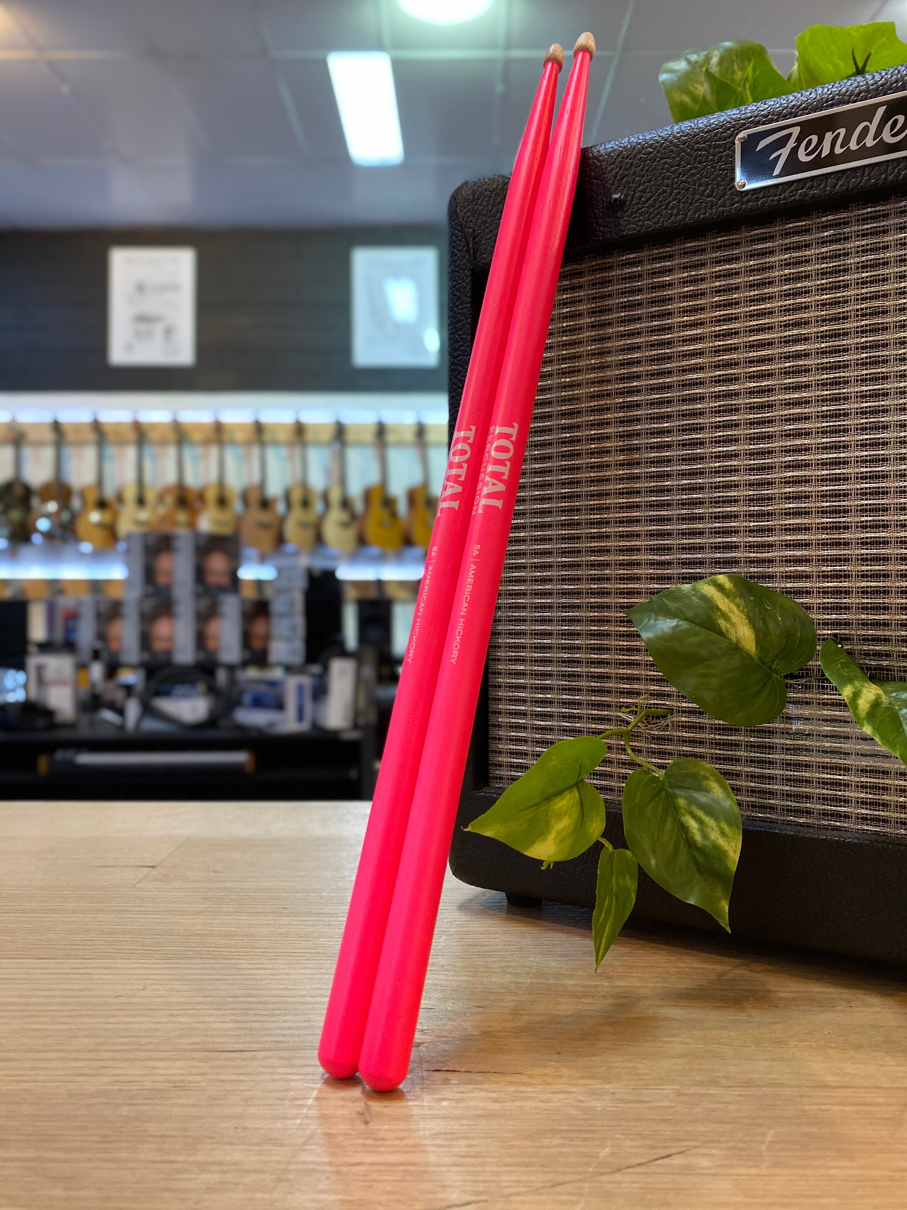 Total Percussion | American Hickory | 5A | Wood Tip | Drum Sticks | Fluro Pink